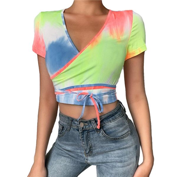 women's t-shirt 2021 summer women tie dye print crop short sleeve v-neck femme streetwear, White
women's t-shirt 2021 summer women tie dye print crop short sleeve v-neck femme streetwear, White