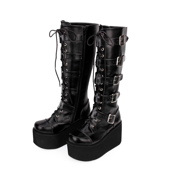 sapatos das mulheres black leather lolita knee high boots high heels platform buckle strap punk motorcycle wedges shoes woman
sapatos das mulheres black leather lolita knee high boots high heels platform buckle strap punk motorcycle wedges shoes woman