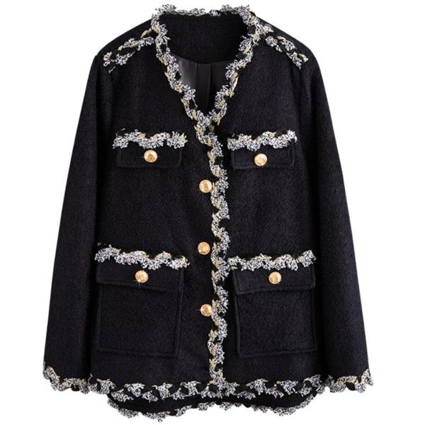 2020 winter new small fragrance v-neck long-sleeved multi-pocket bright silk tweed woolen coat, Black
2020 winter new small fragrance v-neck long-sleeved multi-pocket bright silk tweed woolen coat, Black