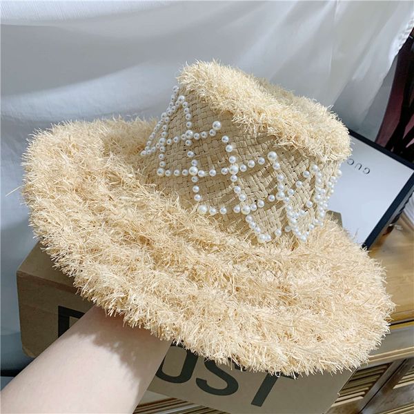 women summer simple handmade weave raffia sun hats lace up pearl large brim straw hat outdoor beach summer caps, Blue;gray
women summer simple handmade weave raffia sun hats lace up pearl large brim straw hat outdoor beach summer caps, Blue;gray
