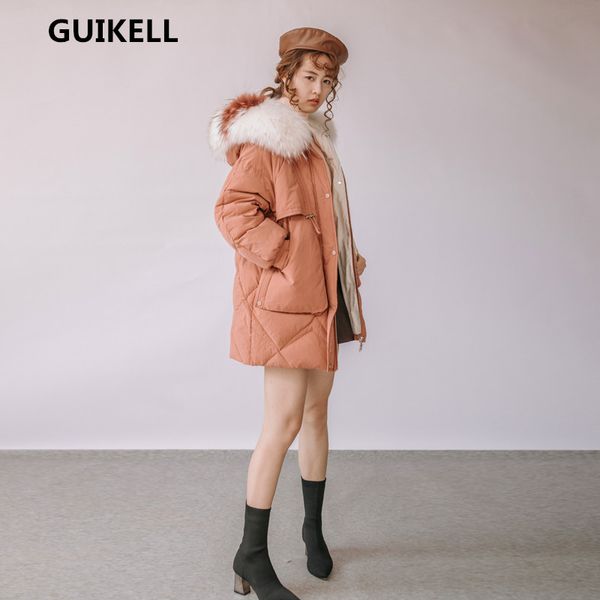 guikell down jacket women's medium long winter new style popular white duck down fashion casual large wool collar coat, Black 
guikell down jacket women's medium long winter new style popular white duck down fashion casual large wool collar coat, Black