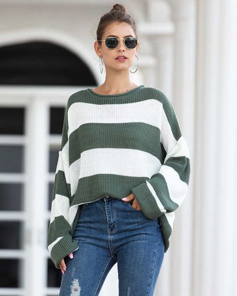 2020 spring and summer new european and american women's sweaters women's curled round neck striped color matching sweater, White
2020 spring and summer new european and american women's sweaters women's curled round neck striped color matching sweater, White