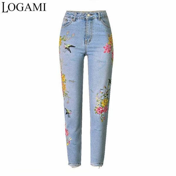 logami embroidered jeans woman flower straight high waist women jeans new, Blue