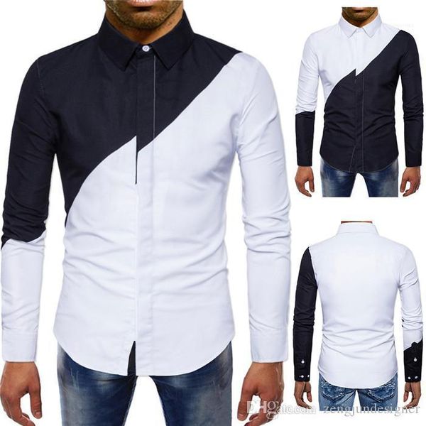 solid color lapel neck long sleeve homme clothing fashion style casual apparel mens autumn designer casual patchwork shirts, White;black 
solid color lapel neck long sleeve homme clothing fashion style casual apparel mens autumn designer casual patchwork shirts, White;black