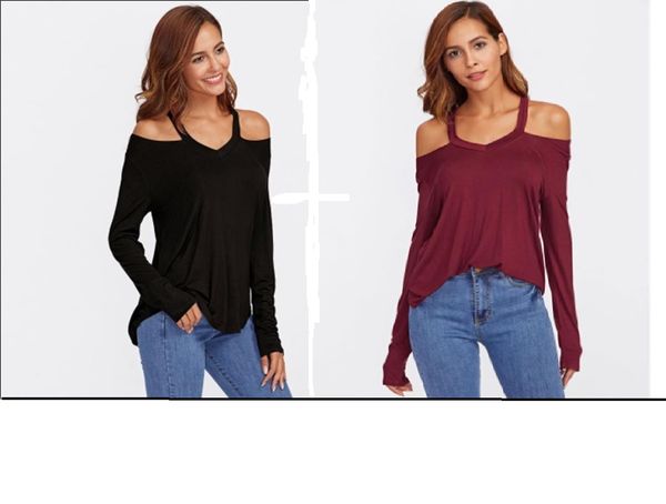 Europe and the United States new women's solid color round neck hanging neck strapless long-sleeved T-shirt top
Europe and the United States new women's solid color round neck hanging neck strapless long-sleeved T-shirt top