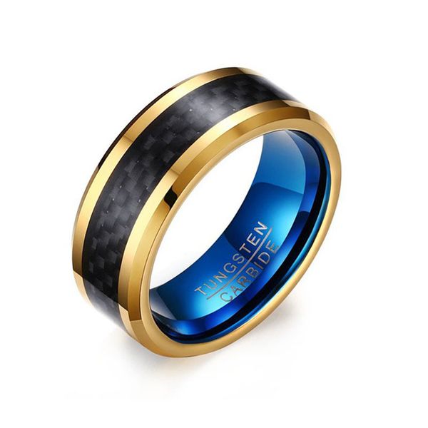 

Gentleman 8mm Black Tungsten Carbide Ring for man Black/Blue Carbon Fiber Inlay Polished Finish Band rings Edges Comfort Fit