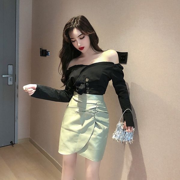 women dresses suit women 2020 autumn new scheming design sense off-shoulder long-sleeved shirt high waist bag hip skirt leather skirt, Black
women dresses suit women 2020 autumn new scheming design sense off-shoulder long-sleeved shirt high waist bag hip skirt leather skirt, Black