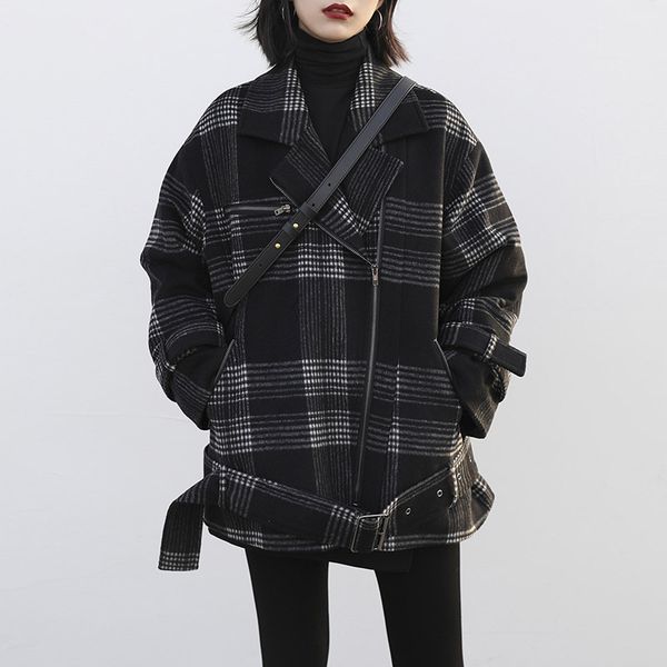 women's wool & blends retro overalls plaid quilted woolen coat women 2021 winter fashion loose lapel long sleeve zipper tide h00493, Black
women's wool & blends retro overalls plaid quilted woolen coat women 2021 winter fashion loose lapel long sleeve zipper tide h00493, Black