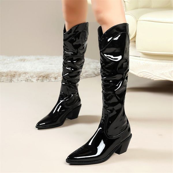 pxelena 2020 autumn winter western cowboy knee high boots women patent leather chunky heels motorcycle long boots large size 45, Black
pxelena 2020 autumn winter western cowboy knee high boots women patent leather chunky heels motorcycle long boots large size 45, Black