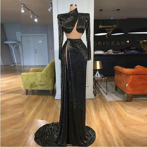 two pieces black sequins evening dresses side split high neck long sleeves prom dress mermaid custom made luxury robe de soiree
two pieces black sequins evening dresses side split high neck long sleeves prom dress mermaid custom made luxury robe de soiree