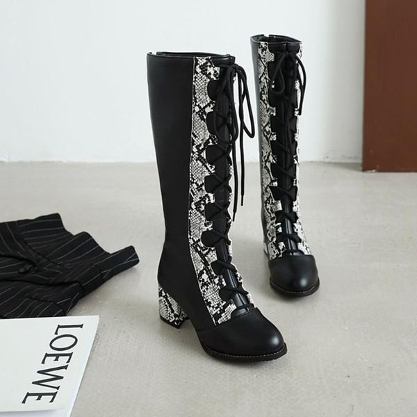 women's snake pattern stitching leather knee thigh boots lace up round toe block high heel shoes warm winter plus size 34-48, Black
women's snake pattern stitching leather knee thigh boots lace up round toe block high heel shoes warm winter plus size 34-48, Black