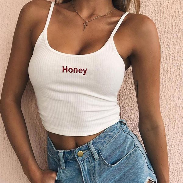 

septhydrogen марка дизайнер женщины crop top summer honey письмо вышивание ремень топы обрезанные feminino дамы упругие рубашка жилет camiso, White
