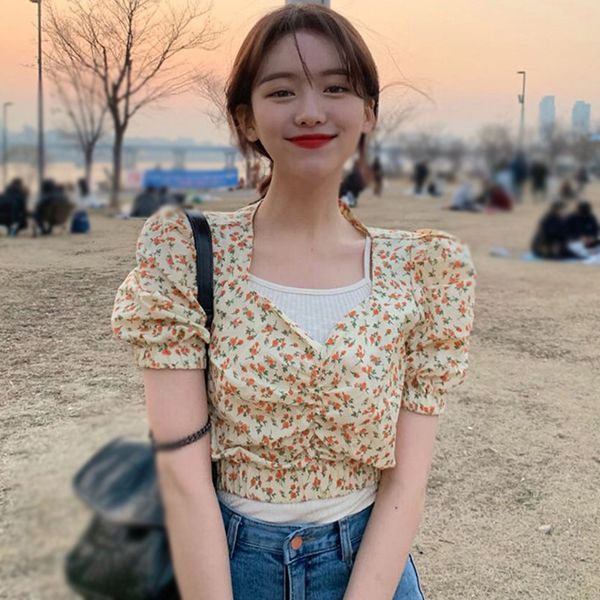french style floral print v-neck puff sleeve shirt summer short-sleeved sweet small fresh short style women's blouse, White
french style floral print v-neck puff sleeve shirt summer short-sleeved sweet small fresh short style women's blouse, White