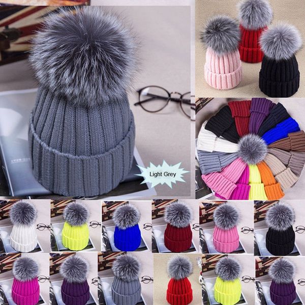 winter fur pompom hat for women cashmere wool cotton hat beanies cap fur bobble winter knit beanie bobble hats, Blue;gray