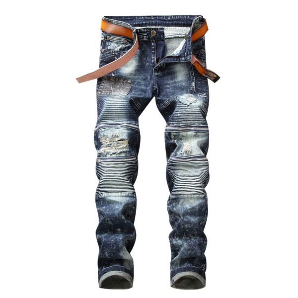 

fake zippers patchwork denim biker jeans men's skinny 2020 new runway distressed slim vintage jeans hiphop washed trousers, Blue