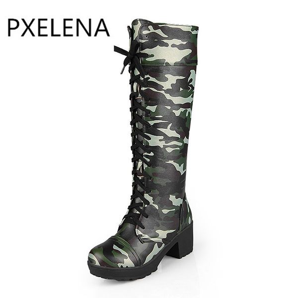 pxelena boots camouflage combat boots knee high round toe kitten thick heels plus size lace up mixed colors shoes, Black
pxelena boots camouflage combat boots knee high round toe kitten thick heels plus size lace up mixed colors shoes, Black