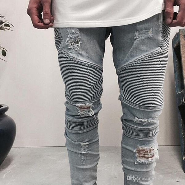 

Wholesale slp blue/black destroyed mens slim denim straight biker skinny jeans Casual Long men ripped jeans Size 28-38 free shipping