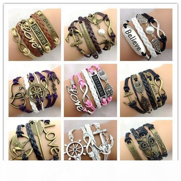 30pcs 283 designs leather bracelet antique cross anchor love peach heart owl bird believe pearl knitting bronze charm bracelets c2182, Golden;silver
30pcs 283 designs leather bracelet antique cross anchor love peach heart owl bird believe pearl knitting bronze charm bracelets c2182, Golden;silver