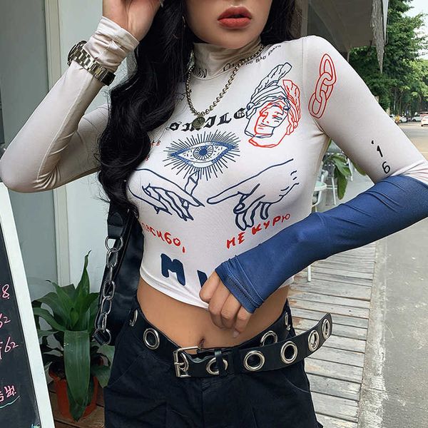 european and american style selling autumn and winter new women's half high collar printed crop t-shirt, White
european and american style selling autumn and winter new women's half high collar printed crop t-shirt, White