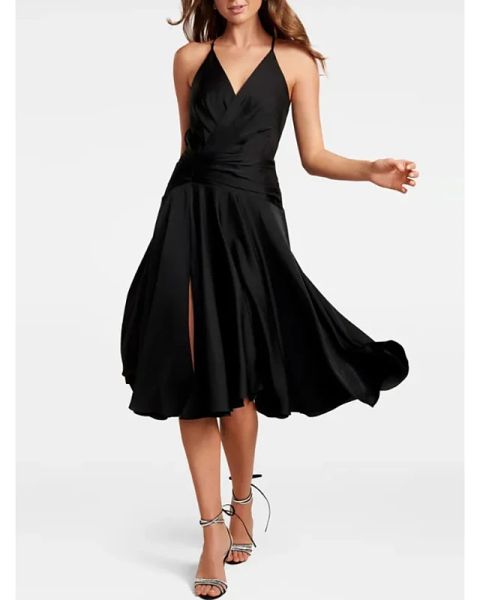 a-line little black dress party wear guest cocktail party dress halter neck sleeveless tea length satin with pleats split
a-line little black dress party wear guest cocktail party dress halter neck sleeveless tea length satin with pleats split