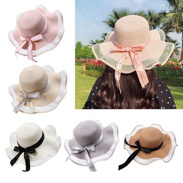 women summer straw floppy sun hat mesh patchwork wavy wide brim ribbon bowknot elegant sunscreen beach cap chin strap, Blue;gray
women summer straw floppy sun hat mesh patchwork wavy wide brim ribbon bowknot elegant sunscreen beach cap chin strap, Blue;gray