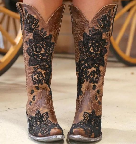 women boots pointed toe floral slip-on thread western boots thigh high flat low heel winter women shoes tw203, Black 
women boots pointed toe floral slip-on thread western boots thigh high flat low heel winter women shoes tw203, Black