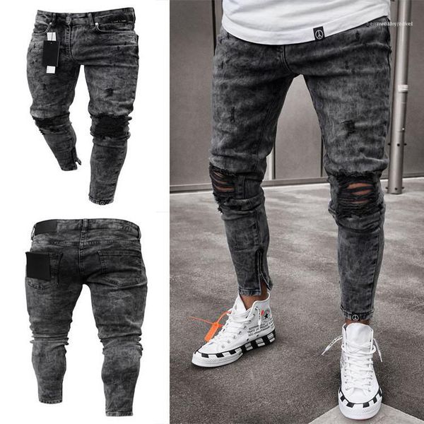 fashion elastic knee holes zipper fly jeans gray mens dresigner jeans draped washed long pencil pants, Blue
fashion elastic knee holes zipper fly jeans gray mens dresigner jeans draped washed long pencil pants, Blue