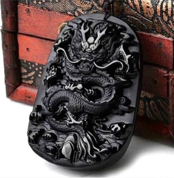 100% natural obsidian crystal pendant carving dragon pendant lucky dragon, Silver