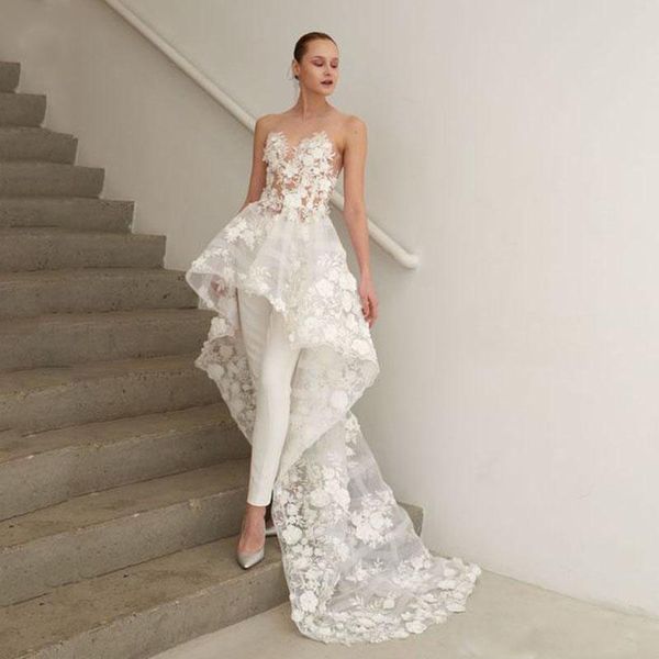 new gorgeous floral white appliques high low a-line prom gowns with train illusion neckline chic formal dress event wear with pants, Black
new gorgeous floral white appliques high low a-line prom gowns with train illusion neckline chic formal dress event wear with pants, Black