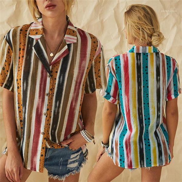 short sleeved womens shirts designers fashion ladies blouses summer loose striped color ladies shirt lapel neck, White
short sleeved womens shirts designers fashion ladies blouses summer loose striped color ladies shirt lapel neck, White