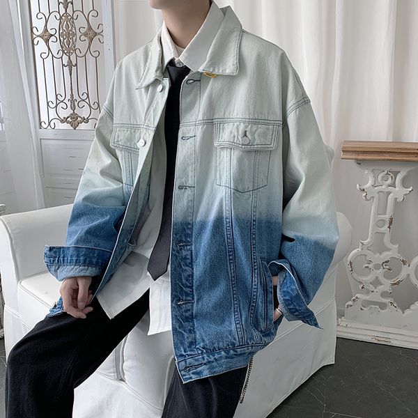 tie dye gradient denim men's autumn denim jacket men's loose top, Black;brown