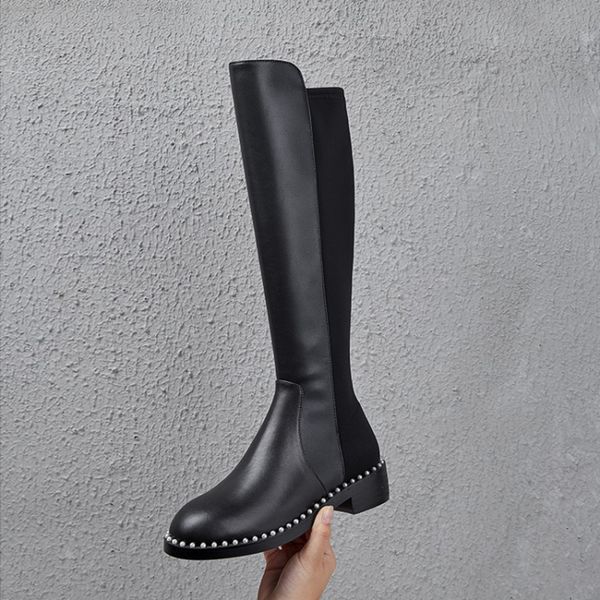 2020 new winter brand shoes women's riding boots natural leather pearl decorations patchwork keep warm knee-high boots femme, Black
2020 new winter brand shoes women's riding boots natural leather pearl decorations patchwork keep warm knee-high boots femme, Black