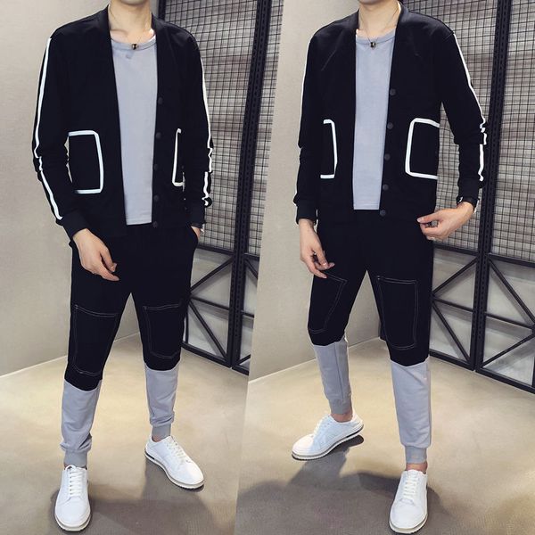 running sets tracksuit men set spirit fake two-piece long sleeve cardigan suit men's autumn leisure sports trainingspak heren, Black;blue 
running sets tracksuit men set spirit fake two-piece long sleeve cardigan suit men's autumn leisure sports trainingspak heren, Black;blue