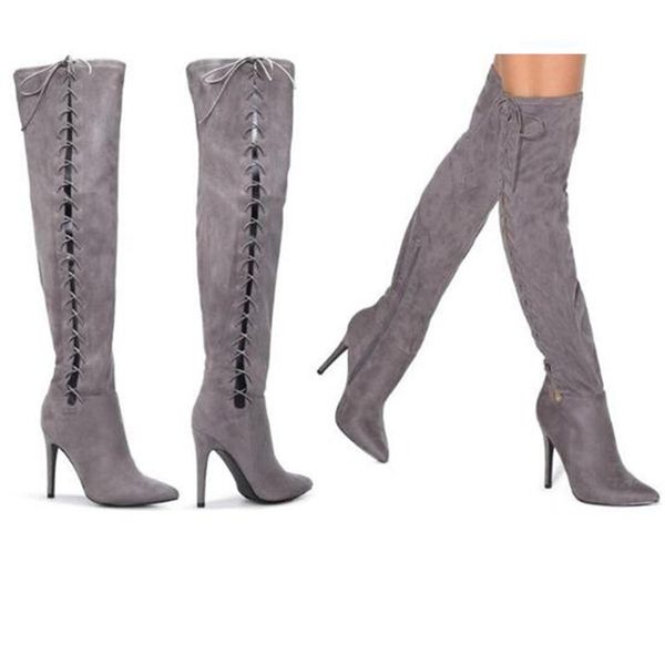 grey long boots suede side thigh high lace up boots women cut-out cross-tied shoes women gladiator over knee, Black 
grey long boots suede side thigh high lace up boots women cut-out cross-tied shoes women gladiator over knee, Black