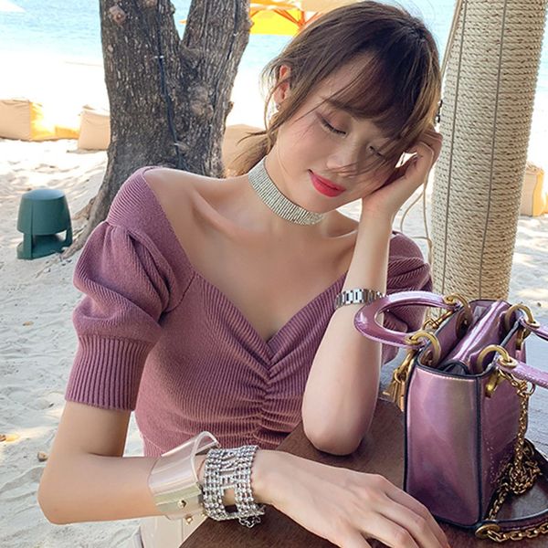summer women t shirt solid color short sleeve casual knitted t-shirt v neck puff sleeve women tshirt camiseta mujer
summer women t shirt solid color short sleeve casual knitted t-shirt v neck puff sleeve women tshirt camiseta mujer