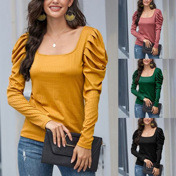 women autumn long puff sleeves t-shirt square neck ribbed knit pullover solid color casual loose jumpers streetwear, White
women autumn long puff sleeves t-shirt square neck ribbed knit pullover solid color casual loose jumpers streetwear, White