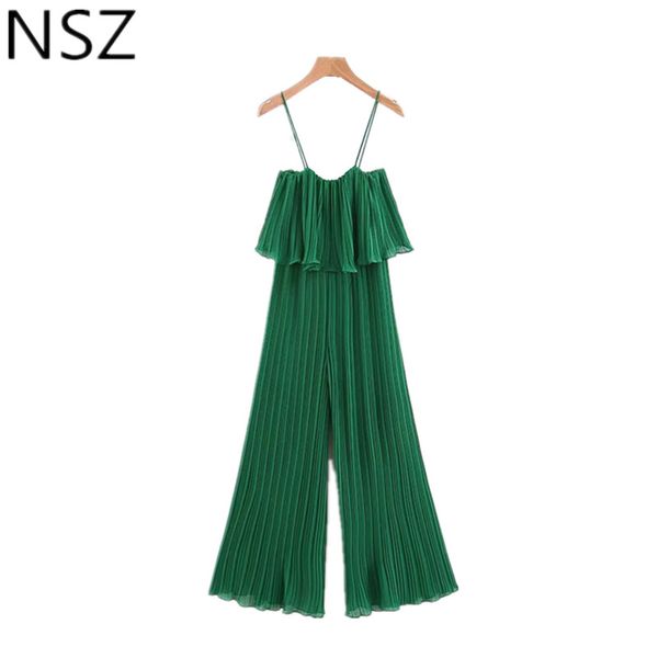 nsz women green chiffon jumpsuit summer pleated ropers ruffles off shoulder sleeveless overalls, Black;white 
nsz women green chiffon jumpsuit summer pleated ropers ruffles off shoulder sleeveless overalls, Black;white