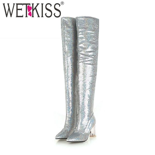 wetkiss transparent thick high heels women boot bling pointed toe footwear over the knee female boots rubber shoes women black 
wetkiss transparent thick high heels women boot bling pointed toe footwear over the knee female boots rubber shoes women black