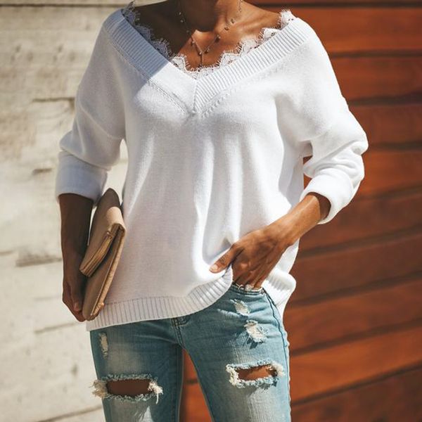 women's sweaters fashion lace splicing v-neck women 2021 fall winter knitted pullovers off the shoulder backless full female, White;black
women's sweaters fashion lace splicing v-neck women 2021 fall winter knitted pullovers off the shoulder backless full female, White;black