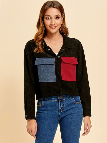 womens contrast color corduroy jackets autumn winter pocket lapel neck short coats women slim button fly outerwears, Black;brown
womens contrast color corduroy jackets autumn winter pocket lapel neck short coats women slim button fly outerwears, Black;brown