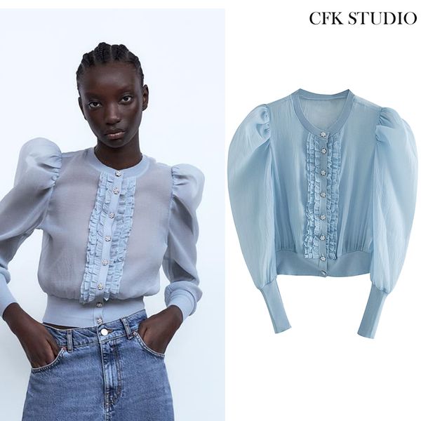 women blouse with o-neck beading solid long sleeve shirt femme casual see through chiffon autumn blue top, White
women blouse with o-neck beading solid long sleeve shirt femme casual see through chiffon autumn blue top, White