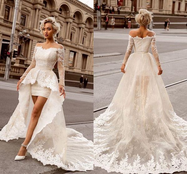 modern sheath short wedding dresses with detachable train 2021 off the shoulder long sleeve bridal gowns lace appliques vestidos al6829, White
modern sheath short wedding dresses with detachable train 2021 off the shoulder long sleeve bridal gowns lace appliques vestidos al6829, White