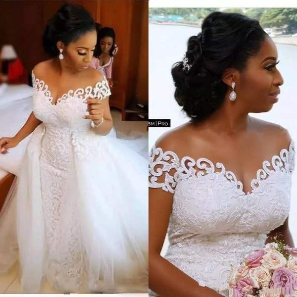 african nigerian mermaid wedding dresses with detachable train full lace applique sheer off the shoulder short sleeve, White
african nigerian mermaid wedding dresses with detachable train full lace applique sheer off the shoulder short sleeve, White