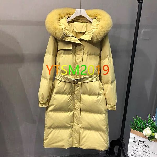 women's down wear with fur collar belt down coat white duck down coat warm clothing winter jacket, Black
