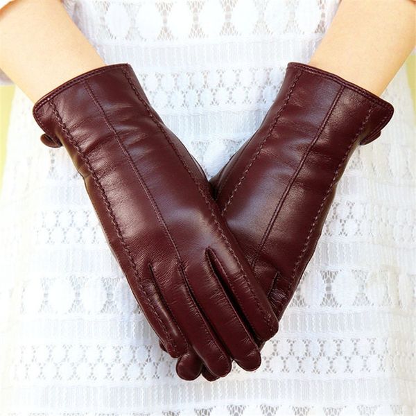 newgenuine leather gloves female imported sheepskin gloves autumn winter plus velvet thicken claasic style woman' dq1601, Blue;gray