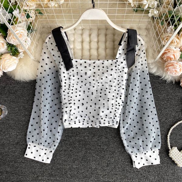 women's blouses & shirts singrain women autumn polka dot blouse korean style chic mesh puff sleeve slim short french sweet streetwear, White
women's blouses & shirts singrain women autumn polka dot blouse korean style chic mesh puff sleeve slim short french sweet streetwear, White