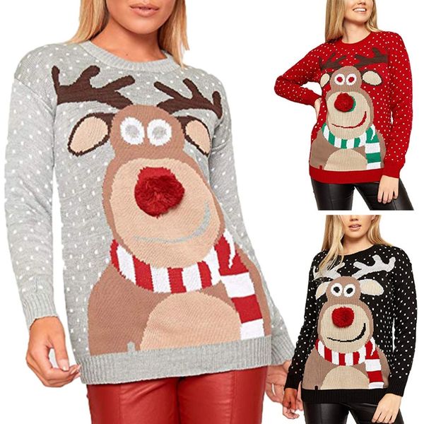 women winter christmas long sleeve sweater cute reindeer print 3d nose pom pom pullover o-neck loose holiday jumper, White;black
women winter christmas long sleeve sweater cute reindeer print 3d nose pom pom pullover o-neck loose holiday jumper, White;black
