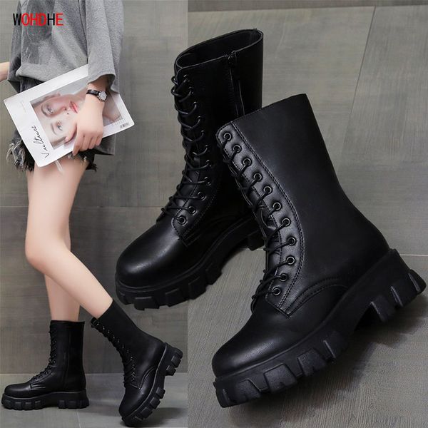 wohdhe thick bottom women boots platform combat women bootines pu leather zip cross-tied autumn shoes chunky heels 5.5cm, Black
wohdhe thick bottom women boots platform combat women bootines pu leather zip cross-tied autumn shoes chunky heels 5.5cm, Black