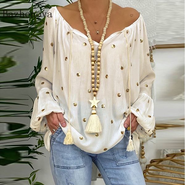 bahzenova new loose women bronzing polka dots shirt and blouse sequined v-neck backless lantern sleeve t1681, White
bahzenova new loose women bronzing polka dots shirt and blouse sequined v-neck backless lantern sleeve t1681, White