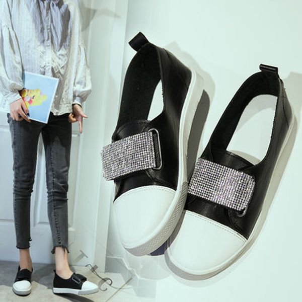 single shoes women 2020 spring and autumn new casual rhinestone white shoes korean flat students wild low-top, Black